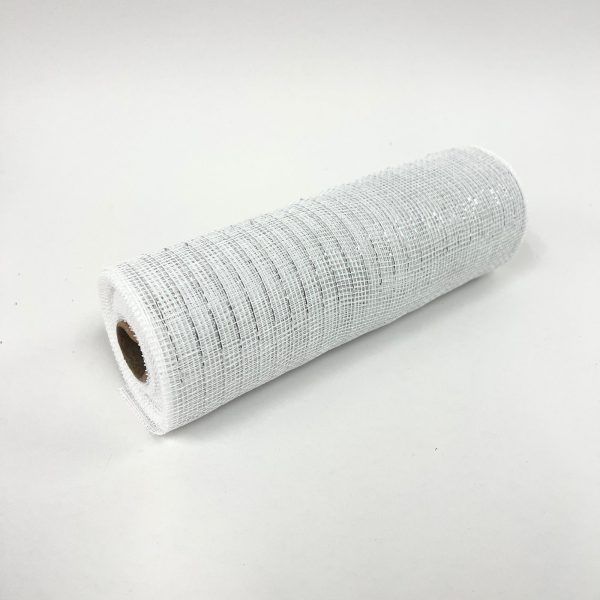 White with Silver - Deco Mesh Metallic Stripes - ( 10 Inch x 10 Yards ) Online Sale